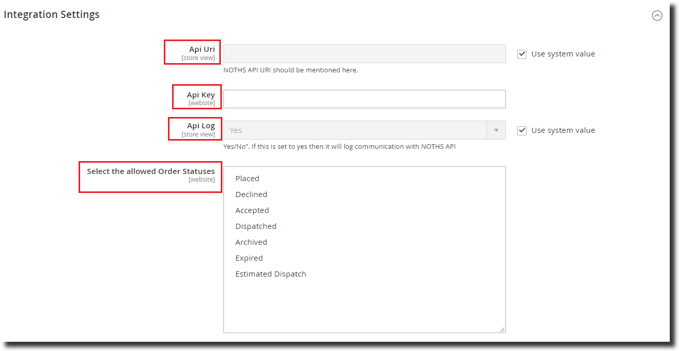 Not on the high street (NOTHS) integration settings