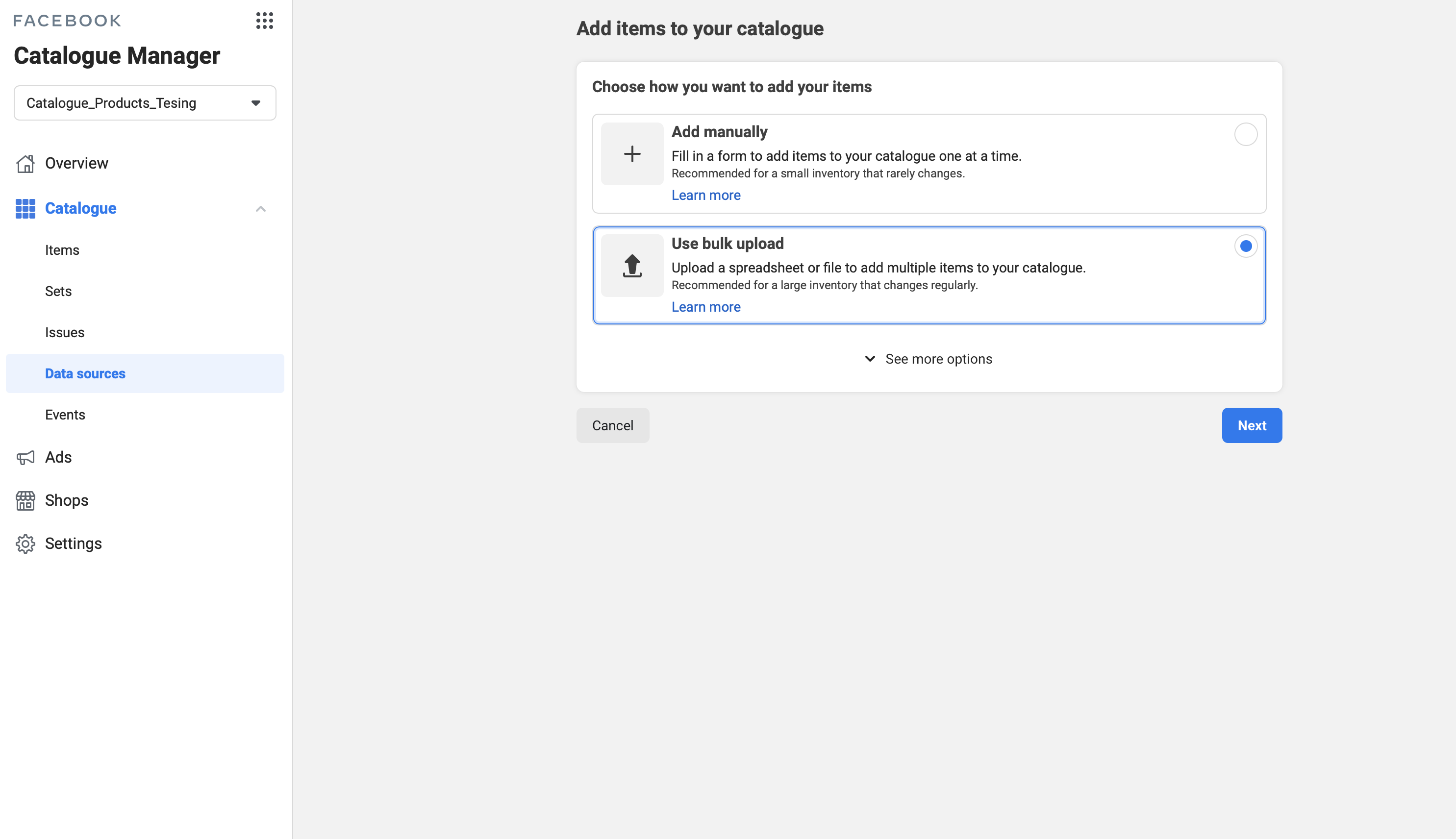 Facebook feed upload settings