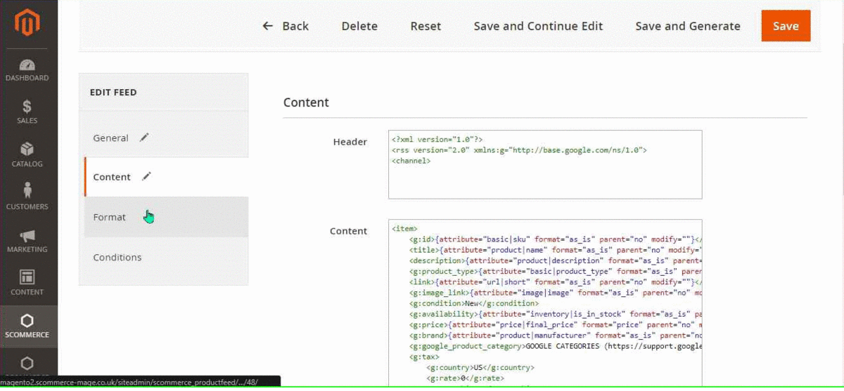 Magento 2 Feed format settings