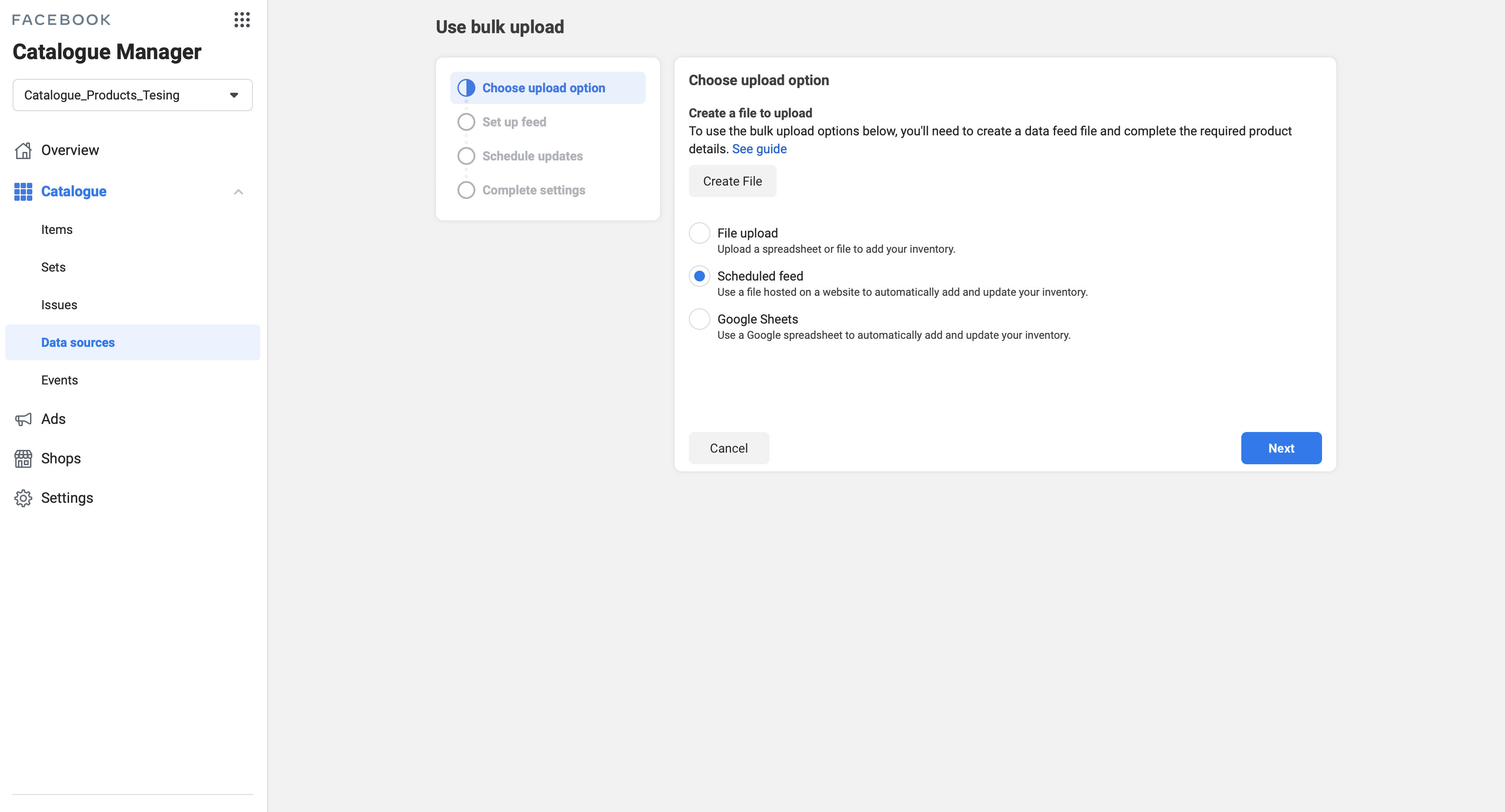 Facebook feed upload method