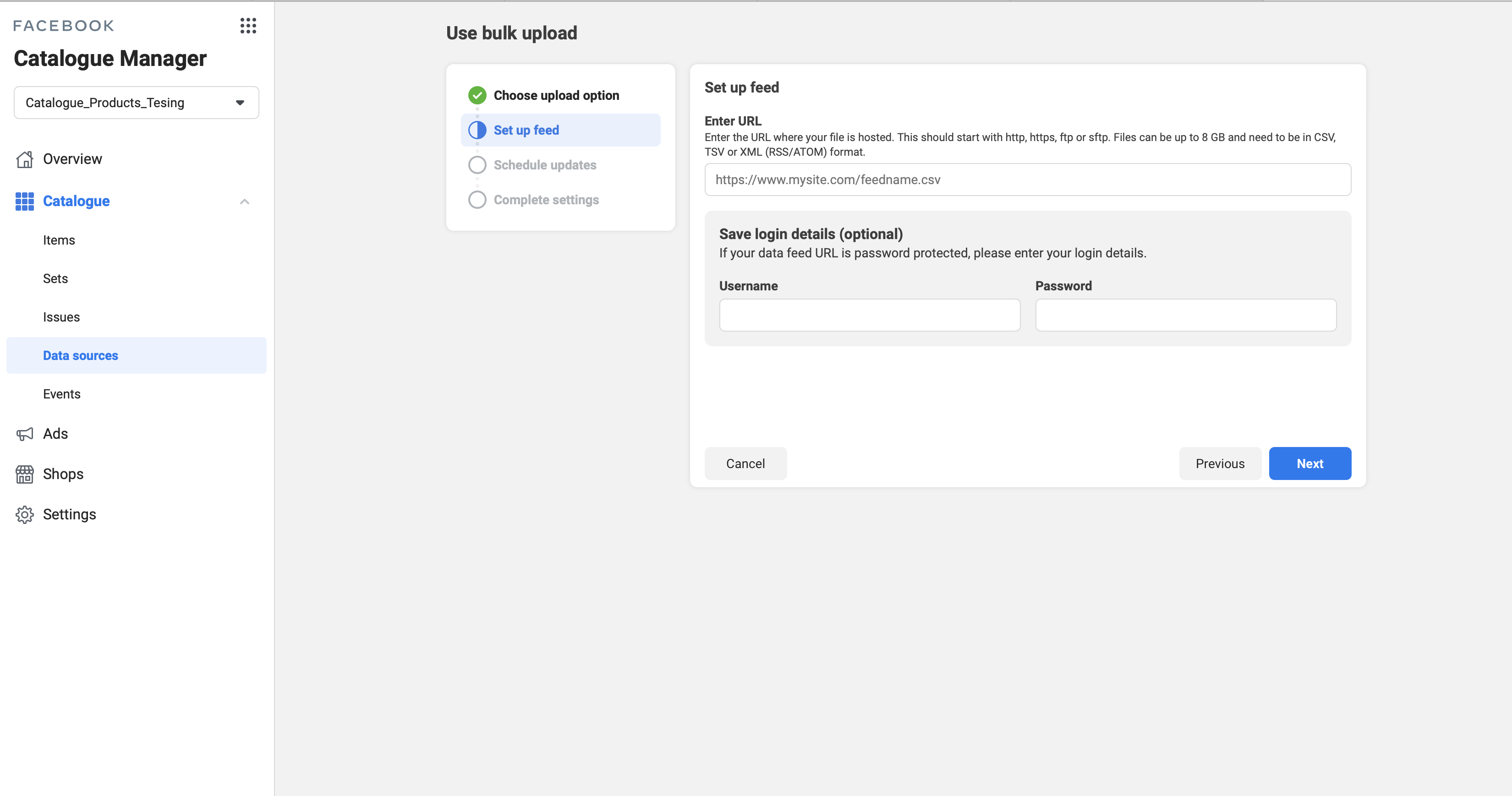 Facebook set up feed