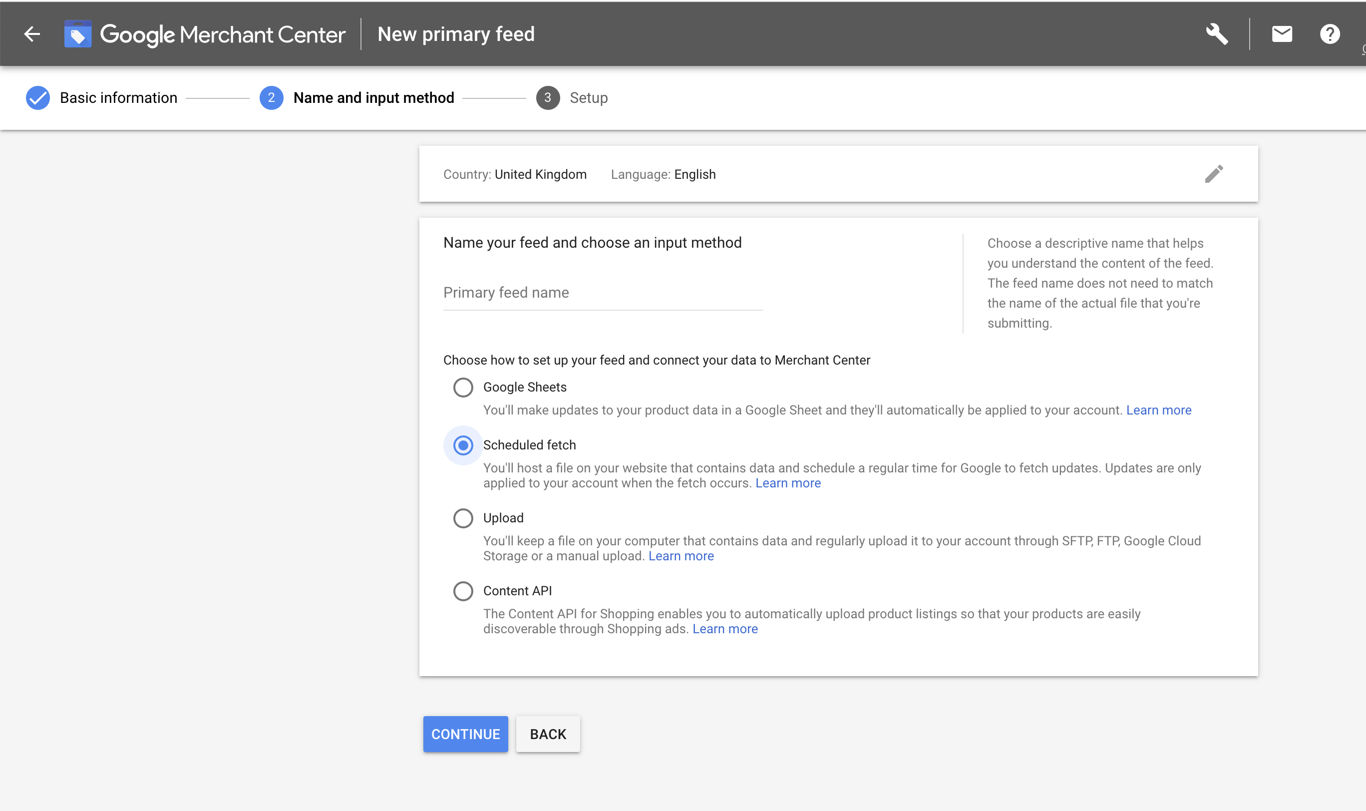 Google Feed Upload options