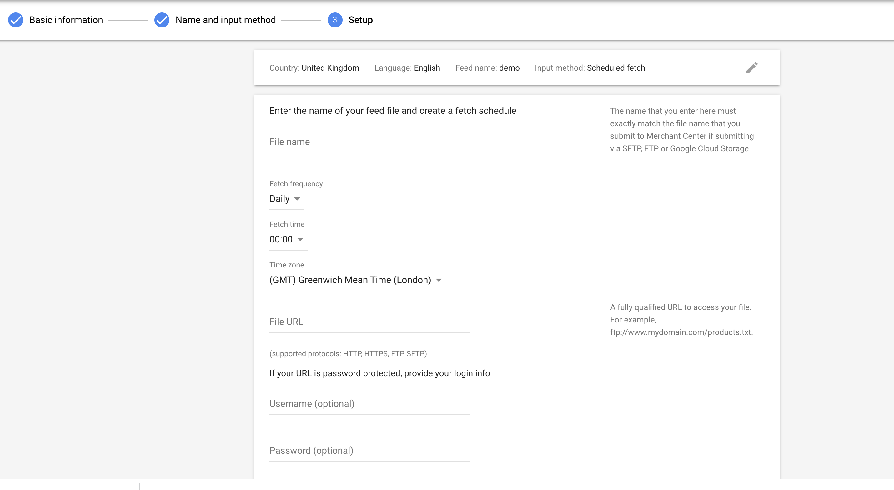 Google Feed Scheduled Feed settings