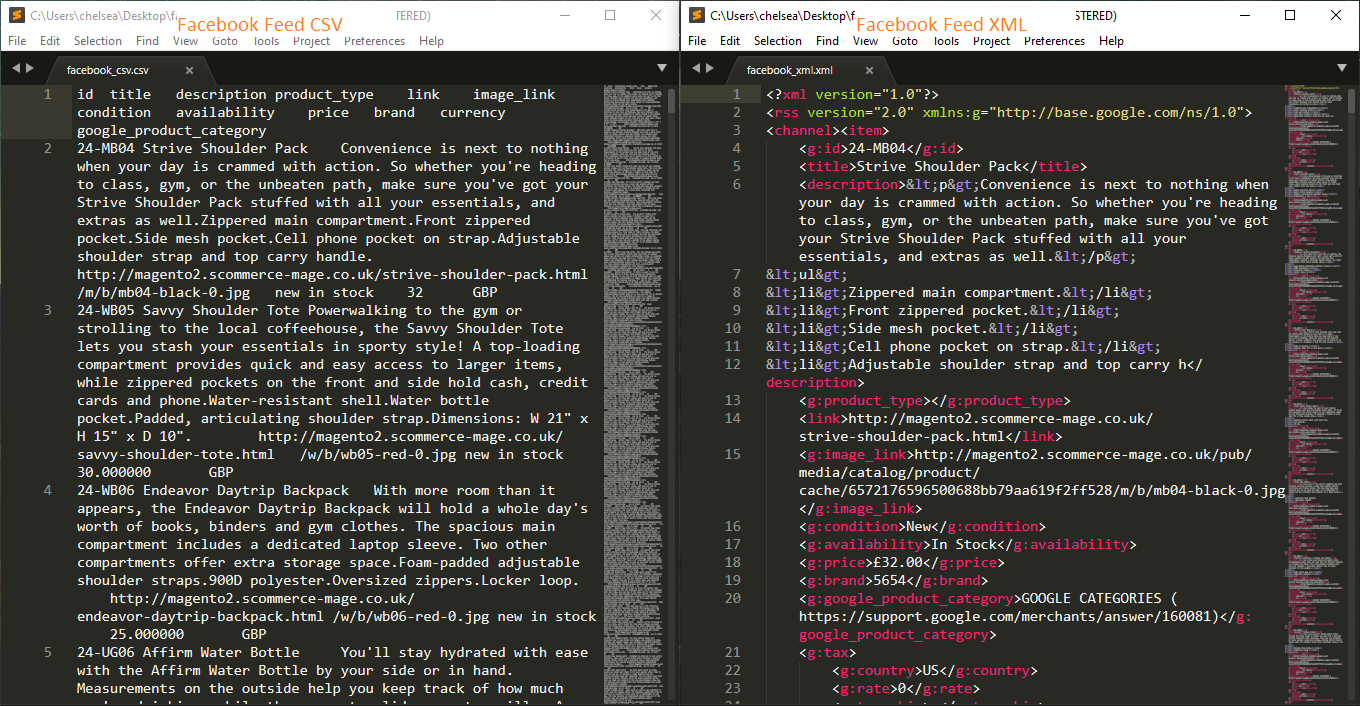 Facebook product feed XML and CSV