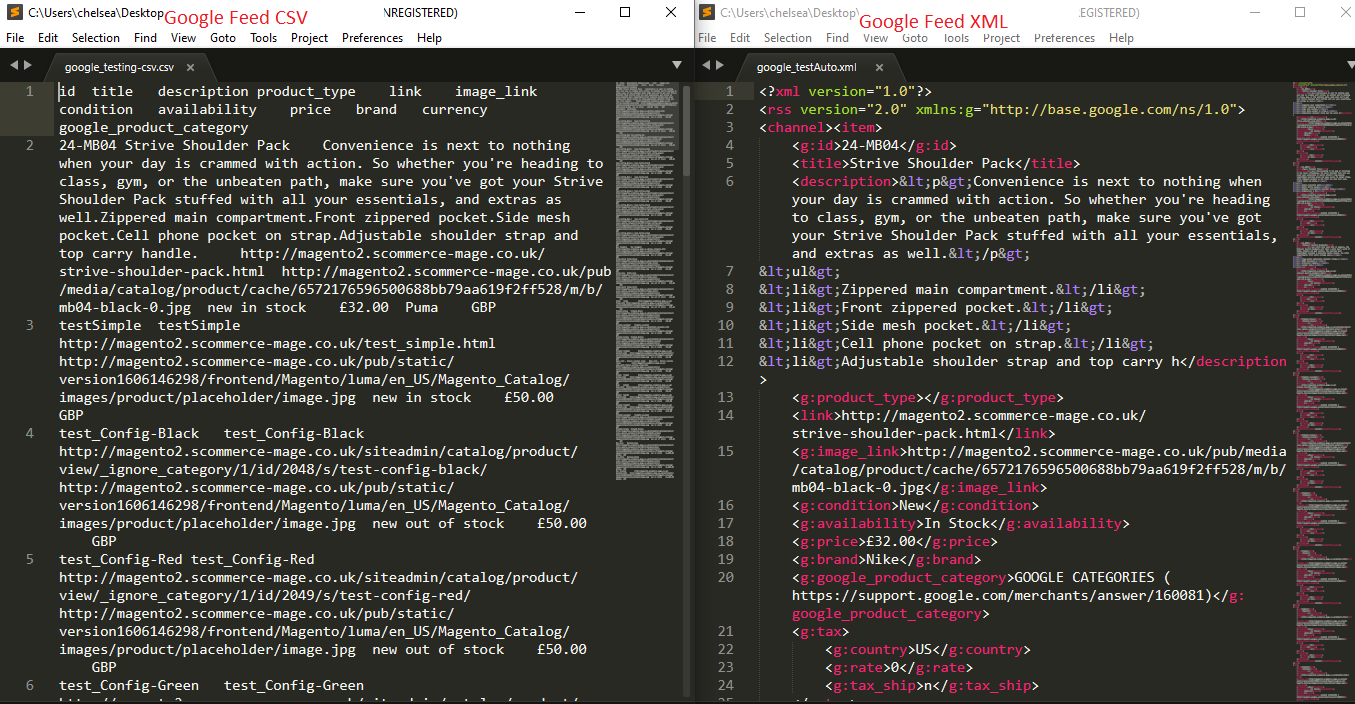 Google product feed XML and CSV
