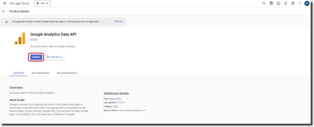 Enable Google Analytics Data API
