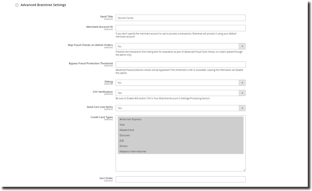 setup Braintree in Magento 2 : Advanced Settings