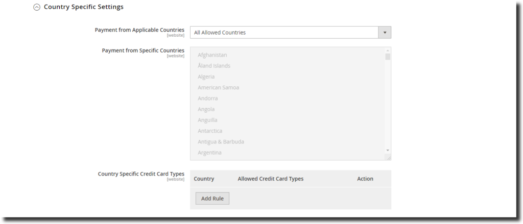 setup Braintree in Magento 2 : Country-Specific Settings