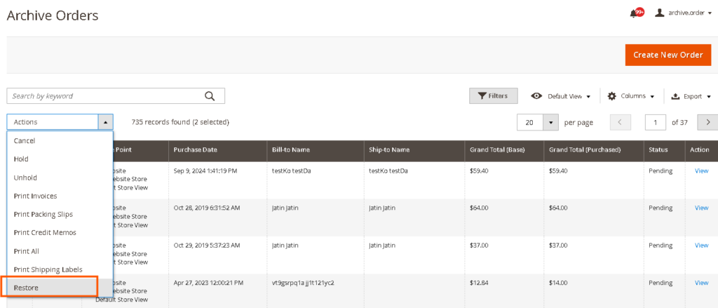 Restore archived orders