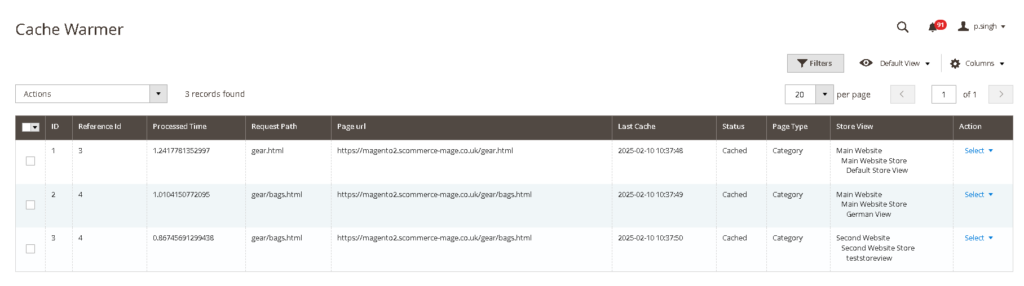 Magento 2 Full Page Cache Warmer Grid