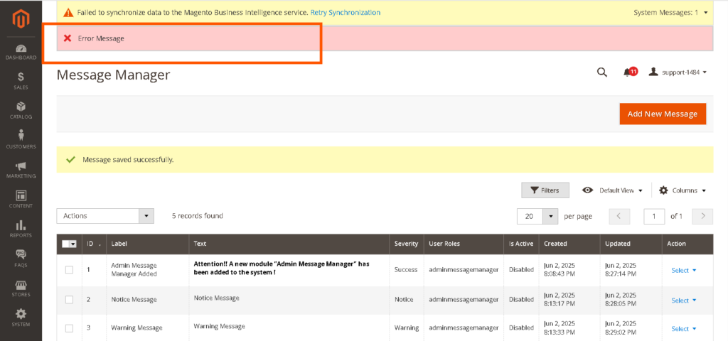 Magento 2 Admin Message Manager: Error Message