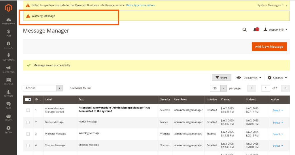 Magento 2 Admin Message Manager: Warning Message