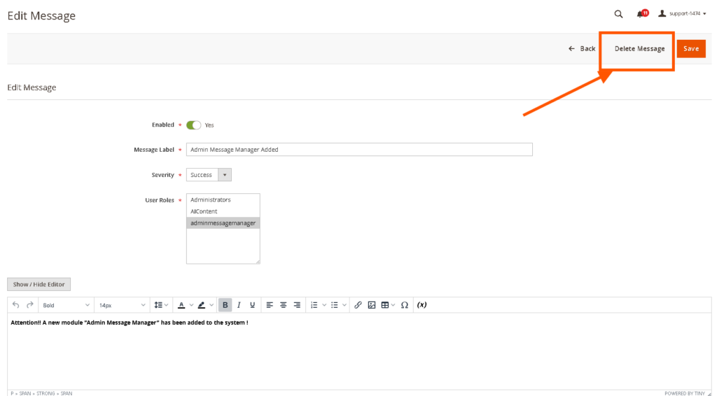 Magento 2 Admin Message Manager: Delete Message