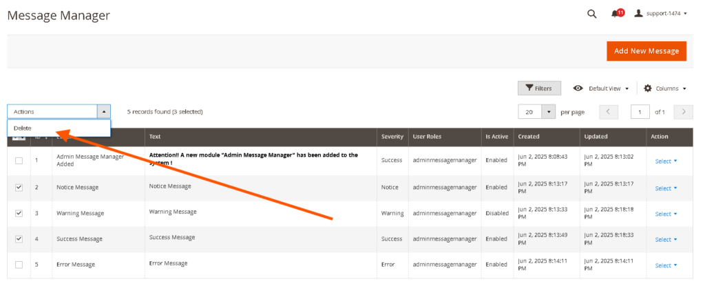 Magento 2 Admin Message Manager: Mass Delete