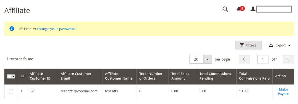 Magento 2 Affiliate Program: Affiliate Table