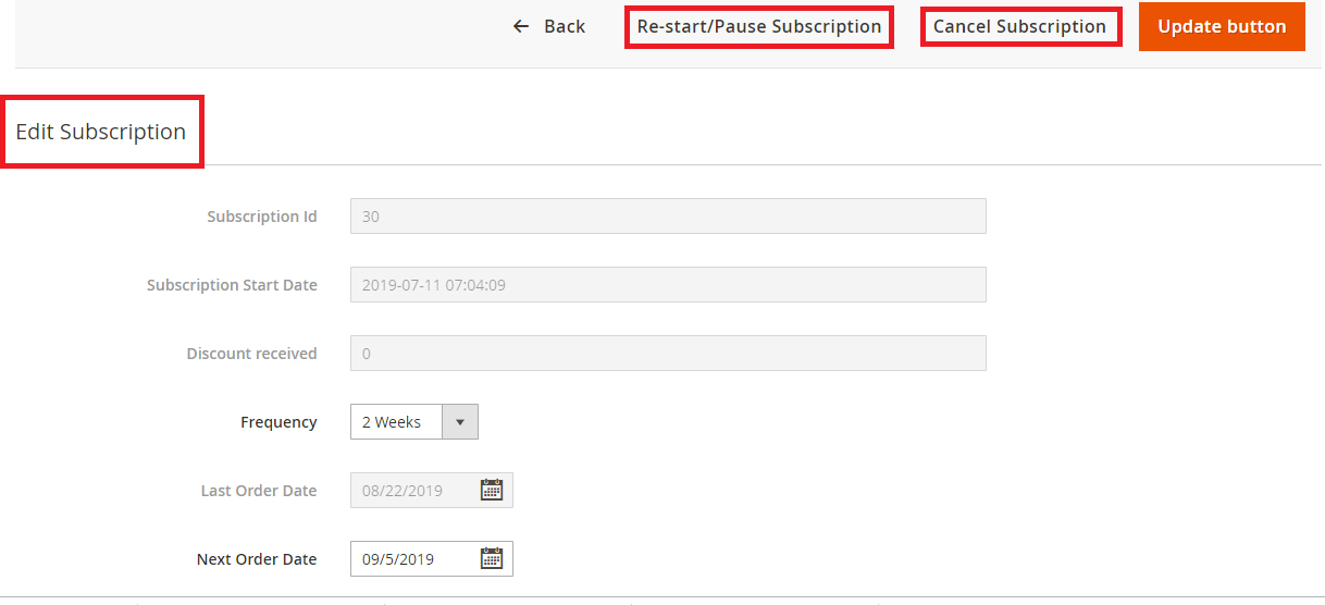 Re-start/Pause, Cancel Subscription Options Available Under  Manage Subscription Grid-> Edit Subscription 