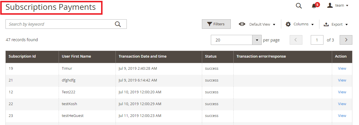 Payment Subscription Grid