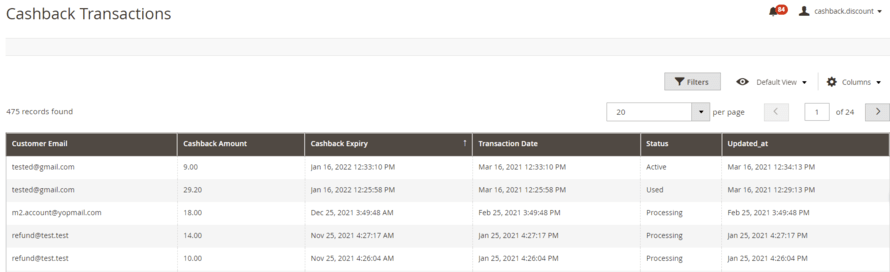 cashback history admin