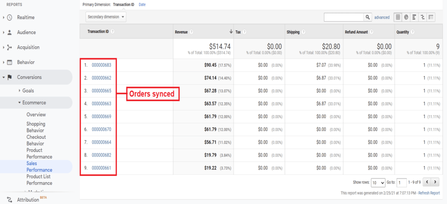 GA sync orders in analytics