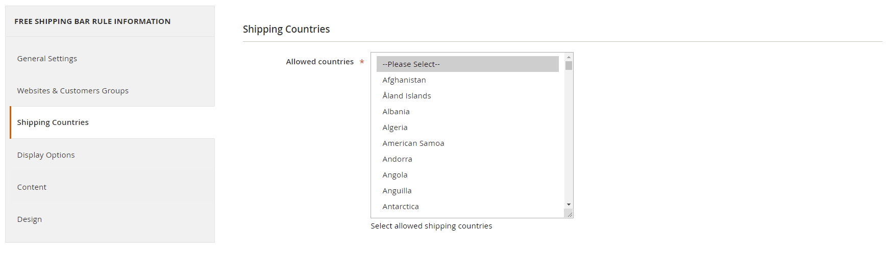 Free shipping bar allowed countries