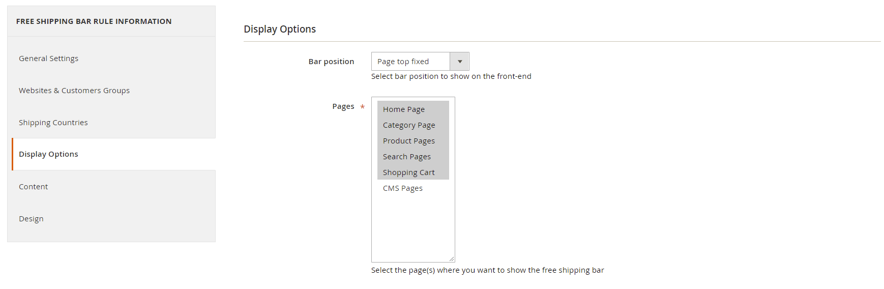 Free shipping bar Display options