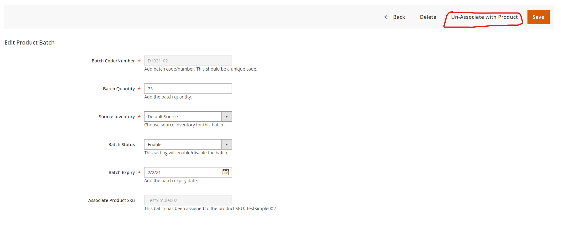 un-associate product batch